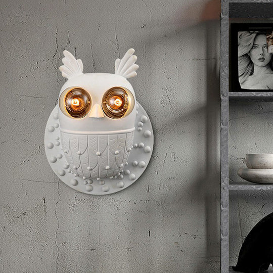 Owl Shape Resin Wall Lamp: Cartoon 2-Light Wall Mount Fixture, White Aisle Lighting