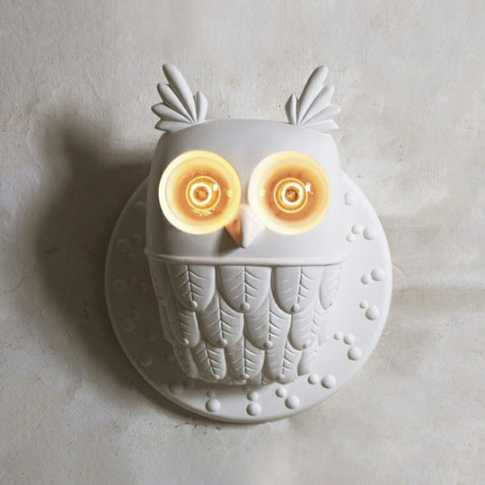 Owl Shape Resin Wall Lamp: Cartoon 2-Light Wall Mount Fixture, White Aisle Lighting