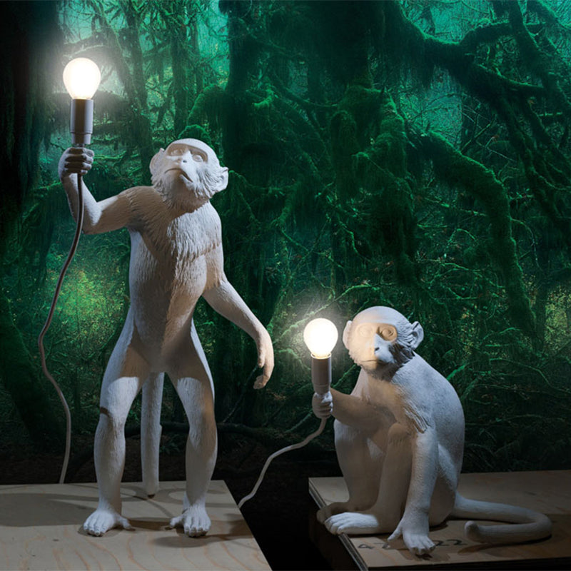 White Monkey Floor Lamp: Stylish Single-Bulb Resin Light for Living Room