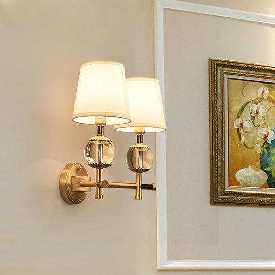Traditional White Fabric Wall Sconce with Gold Conical Mount, Crystal Ball Accent - 1/2 Heads Entry Light