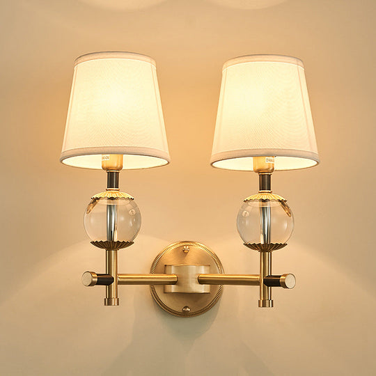 Traditional White Fabric Wall Sconce with Gold Conical Mount, Crystal Ball Accent - 1/2 Heads Entry Light