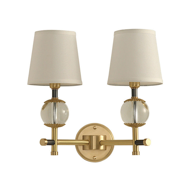 Traditional White Fabric Wall Sconce with Gold Conical Mount, Crystal Ball Accent - 1/2 Heads Entry Light