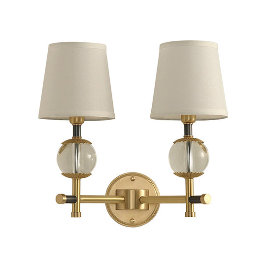 Traditional White Fabric Wall Sconce with Gold Conical Mount, Crystal Ball Accent - 1/2 Heads Entry Light