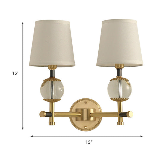 Traditional White Fabric Wall Sconce with Gold Conical Mount, Crystal Ball Accent - 1/2 Heads Entry Light