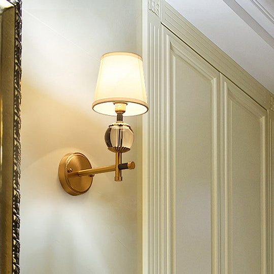 Traditional White Fabric Wall Sconce with Gold Conical Mount, Crystal Ball Accent - 1/2 Heads Entry Light