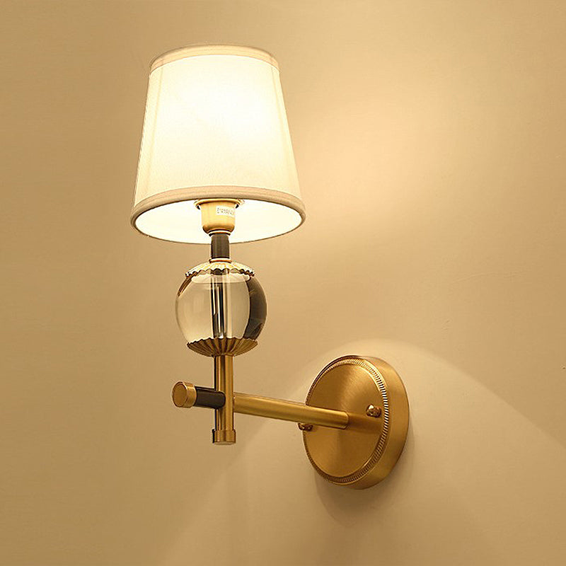 Traditional White Fabric Wall Sconce with Gold Conical Mount, Crystal Ball Accent - 1/2 Heads Entry Light