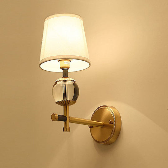 Traditional White Fabric Wall Sconce with Gold Conical Mount, Crystal Ball Accent - 1/2 Heads Entry Light