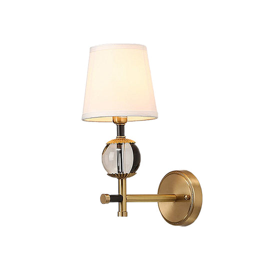 Traditional White Fabric Wall Sconce with Gold Conical Mount, Crystal Ball Accent - 1/2 Heads Entry Light