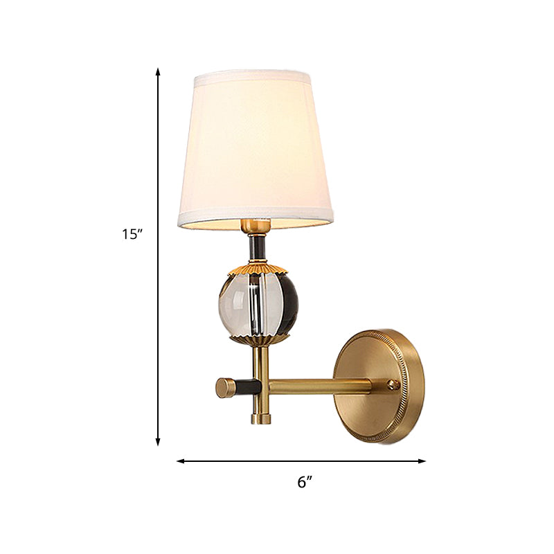 Traditional White Fabric Wall Sconce with Gold Conical Mount, Crystal Ball Accent - 1/2 Heads Entry Light
