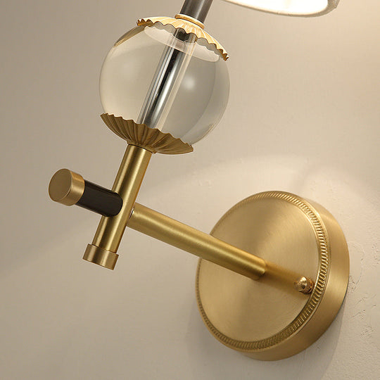Traditional White Fabric Wall Sconce with Gold Conical Mount, Crystal Ball Accent - 1/2 Heads Entry Light