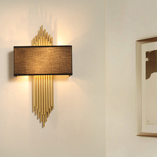 Contemporary 2-Head Fabric Shade Wall Sconce - Modern Rectangle Design in Black/White/Flaxen - Ideal for Living Room, 14"/16" Wide