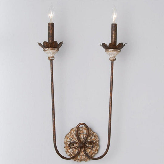 Country Style Rustic Metal 2-Light Wall Sconce for Dining Room with Flower Deco