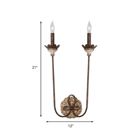Country Style Rustic Metal 2-Light Wall Sconce for Dining Room with Flower Deco