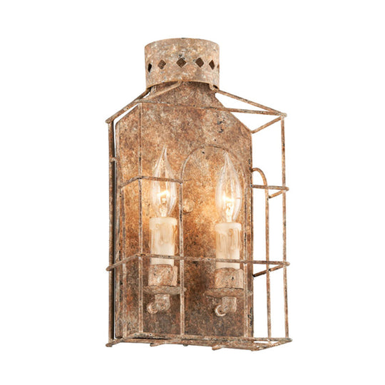 Rustic Metal Wall Mounted Light Fixture with Country Candle Sconce, 2-Bulb Cage Design for Indoor Lighting