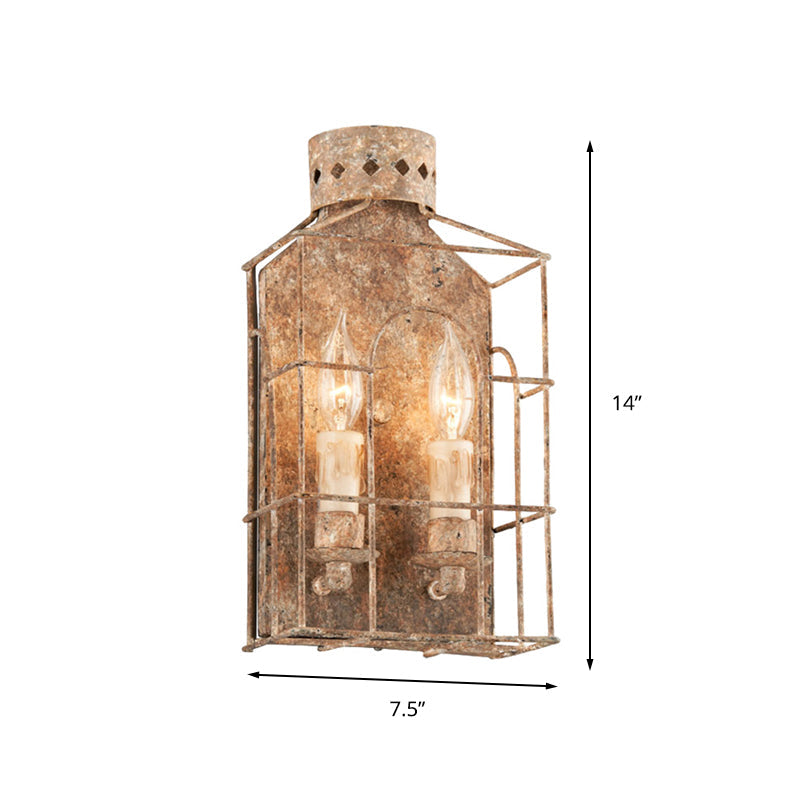 Rustic Metal Wall Mounted Light Fixture with Country Candle Sconce, 2-Bulb Cage Design for Indoor Lighting