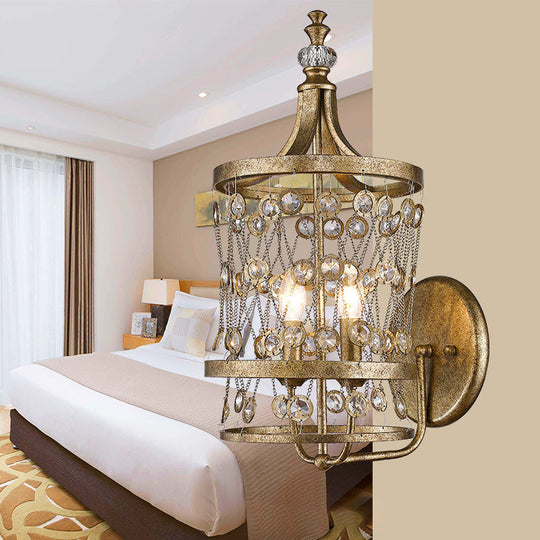 Country Style Brass Crystal Wall Sconce Lamp – 2 Light Cascading Fixture for Bedroom