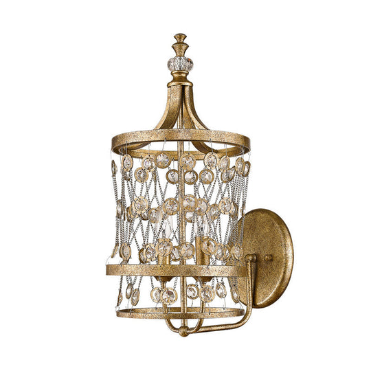 Country Style Brass Crystal Wall Sconce Lamp – 2 Light Cascading Fixture for Bedroom
