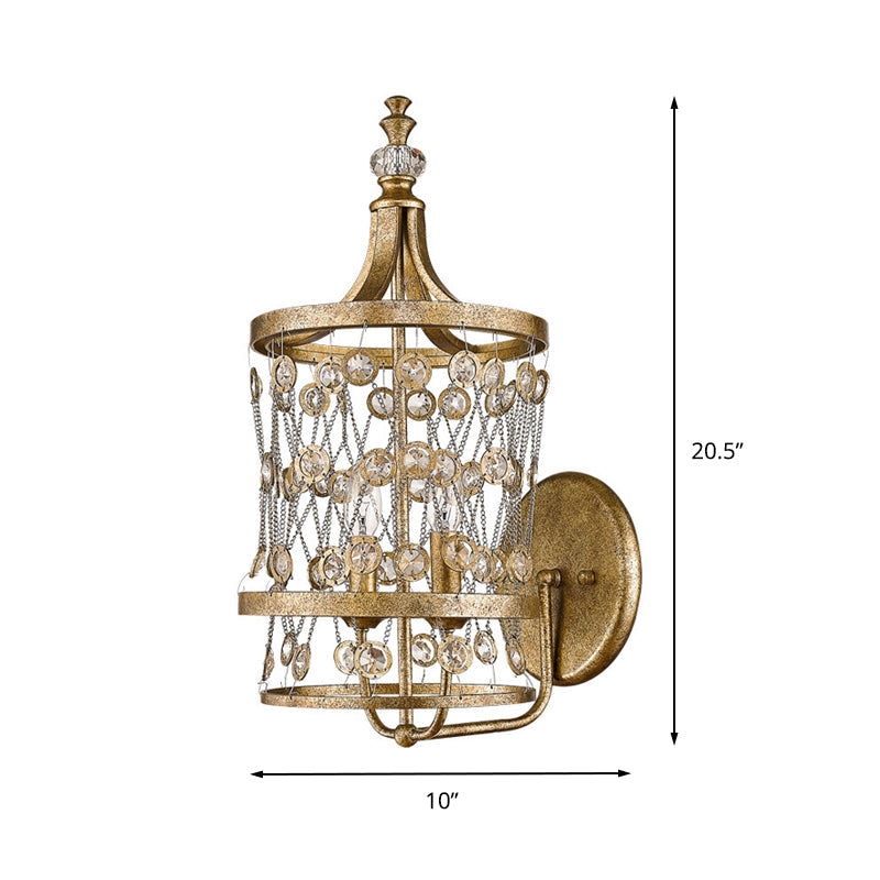 Country Style Brass Crystal Wall Sconce Lamp – 2 Light Cascading Fixture for Bedroom