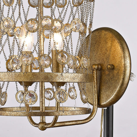 Country Style Brass Crystal Wall Sconce Lamp – 2 Light Cascading Fixture for Bedroom