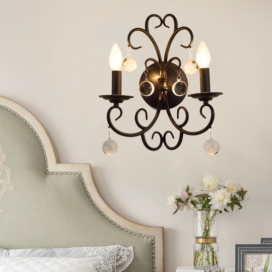 Rustic 2-Light Metal Wall Sconce with Clear Crystal Ball for Dining Room