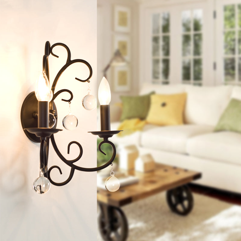 Rustic 2-Light Metal Wall Sconce with Clear Crystal Ball for Dining Room