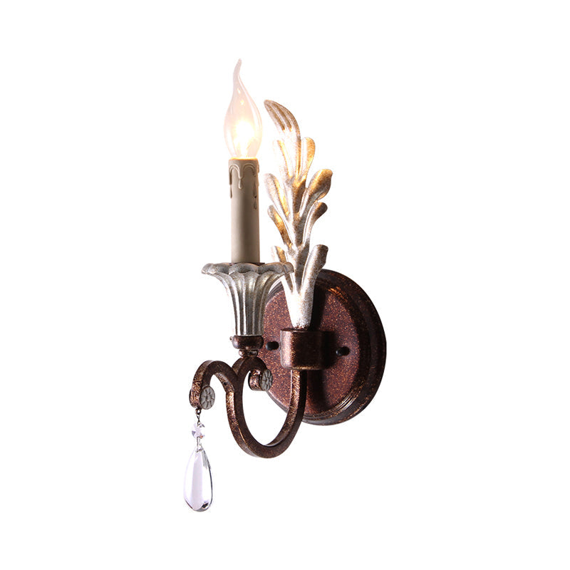 Vintage Metal Rust Sconce Lamp with Exposed Bulb and Crystal Drop - 1-Light Wall Mounted Lighting for Bedroom