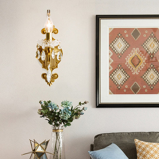 Vintage Gold Candle Wall Sconce with Crystal Draping - Elegant 1/2 Light Metal Fixture for Living Room