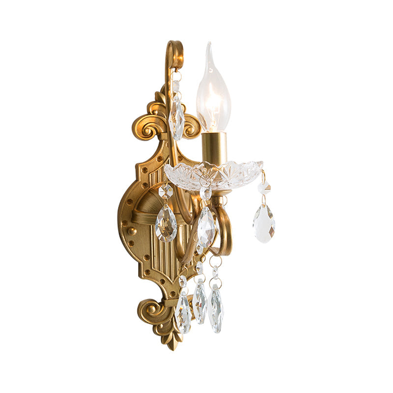 Vintage Gold Candle Wall Sconce with Crystal Draping - Elegant 1/2 Light Metal Fixture for Living Room