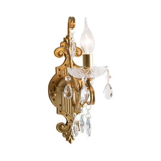 Vintage Gold Candle Wall Sconce with Crystal Draping - Elegant 1/2 Light Metal Fixture for Living Room