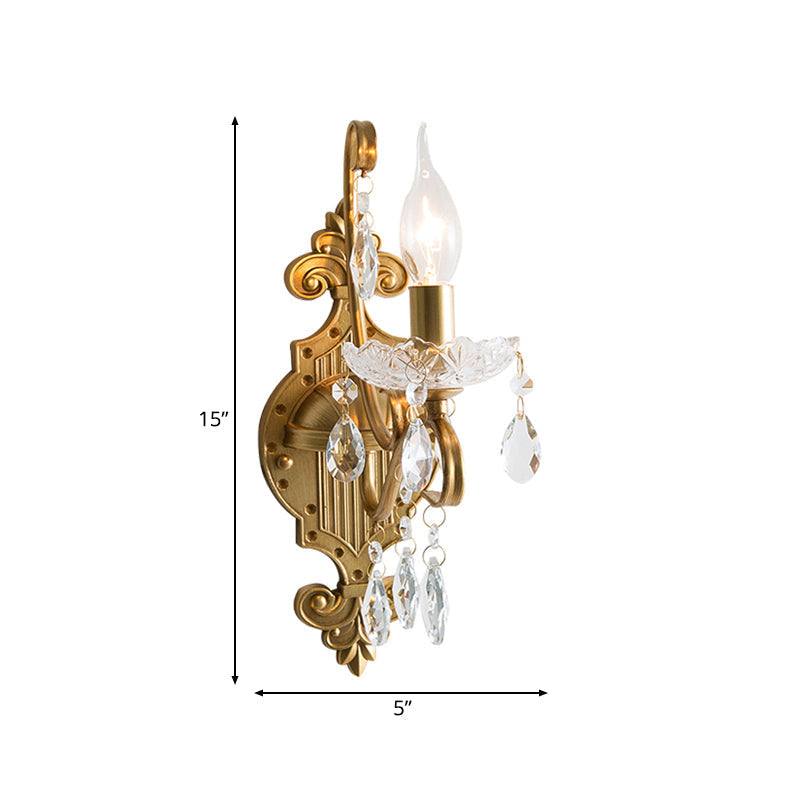 Vintage Gold Candle Wall Sconce with Crystal Draping - Elegant 1/2 Light Metal Fixture for Living Room