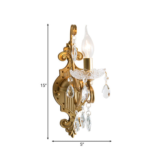 Vintage Gold Candle Wall Sconce with Crystal Draping - Elegant 1/2 Light Metal Fixture for Living Room