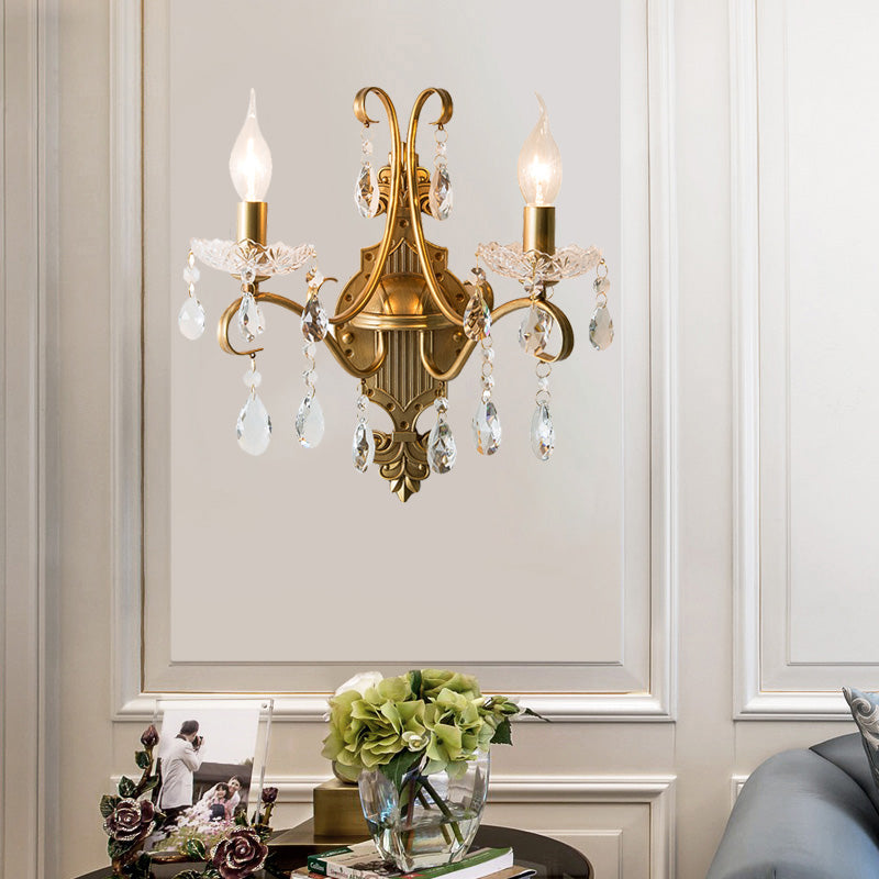 Vintage Gold Candle Wall Sconce with Crystal Draping - Elegant 1/2 Light Metal Fixture for Living Room