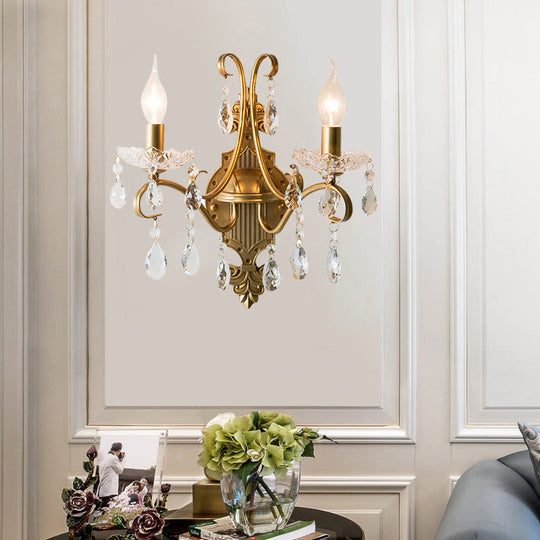 Vintage Gold Candle Wall Sconce with Crystal Draping - Elegant 1/2 Light Metal Fixture for Living Room