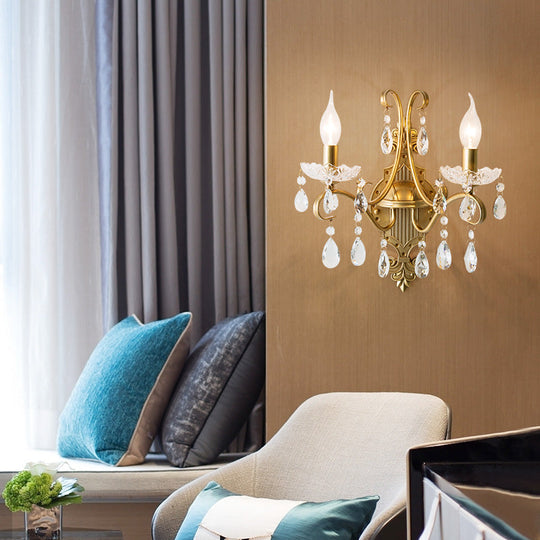 Vintage Gold Candle Wall Sconce with Crystal Draping - Elegant 1/2 Light Metal Fixture for Living Room