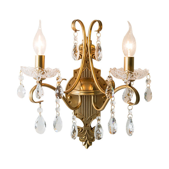Vintage Gold Candle Wall Sconce with Crystal Draping - Elegant 1/2 Light Metal Fixture for Living Room