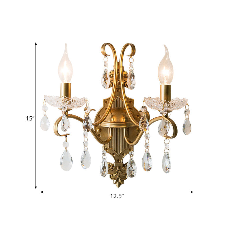 Vintage Gold Candle Wall Sconce with Crystal Draping - Elegant 1/2 Light Metal Fixture for Living Room
