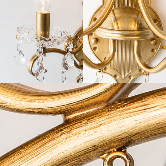 Vintage Gold Candle Wall Sconce with Crystal Draping - Elegant 1/2 Light Metal Fixture for Living Room