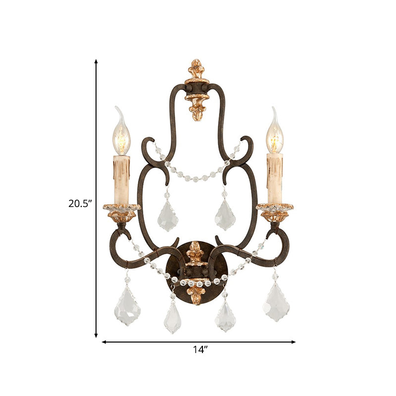 Rustic Metal Candle Wall Sconce Light with Clear Crystal Accents - Black, 2 Lights, Ideal for Living Room