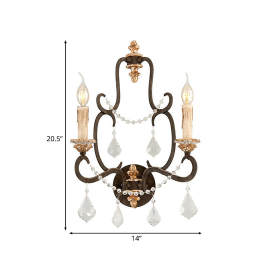 Rustic Metal Candle Wall Sconce Light with Clear Crystal Accents - Black, 2 Lights, Ideal for Living Room