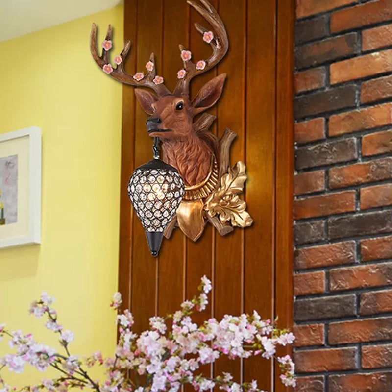 Elk Vanity Lamp - Rustic Brown/White Sconce Light for Bathroom with Crystal Teardrop Shade