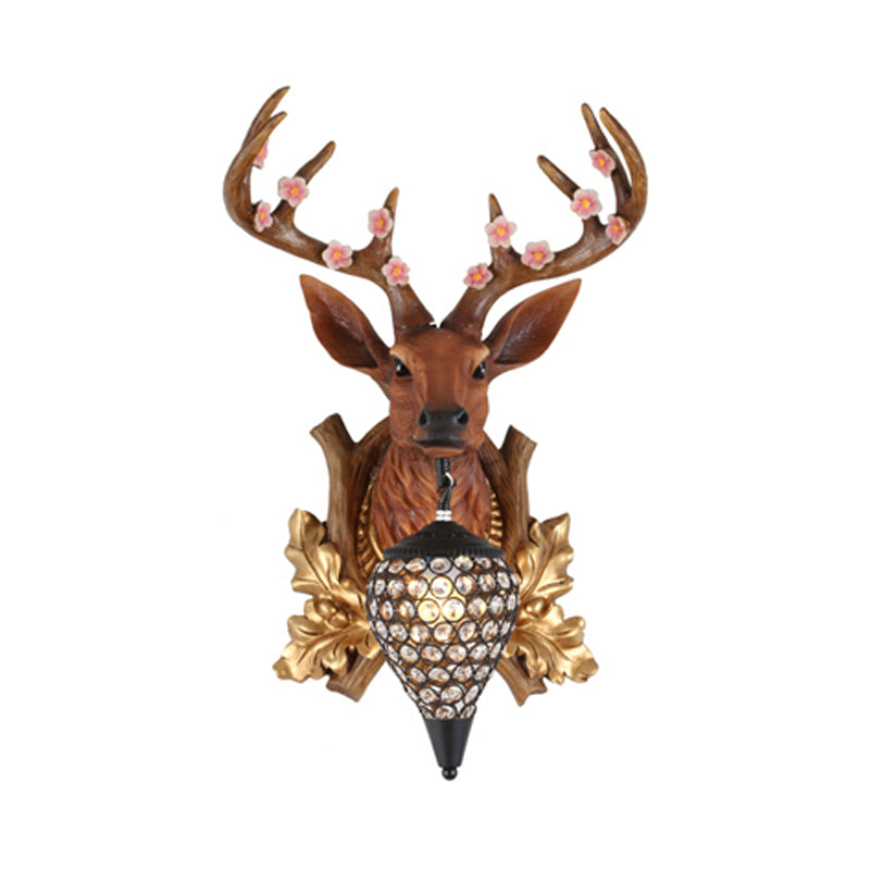 Elk Vanity Lamp - Rustic Brown/White Sconce Light for Bathroom with Crystal Teardrop Shade