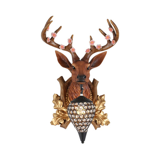 Elk Vanity Lamp - Rustic Brown/White Sconce Light for Bathroom with Crystal Teardrop Shade