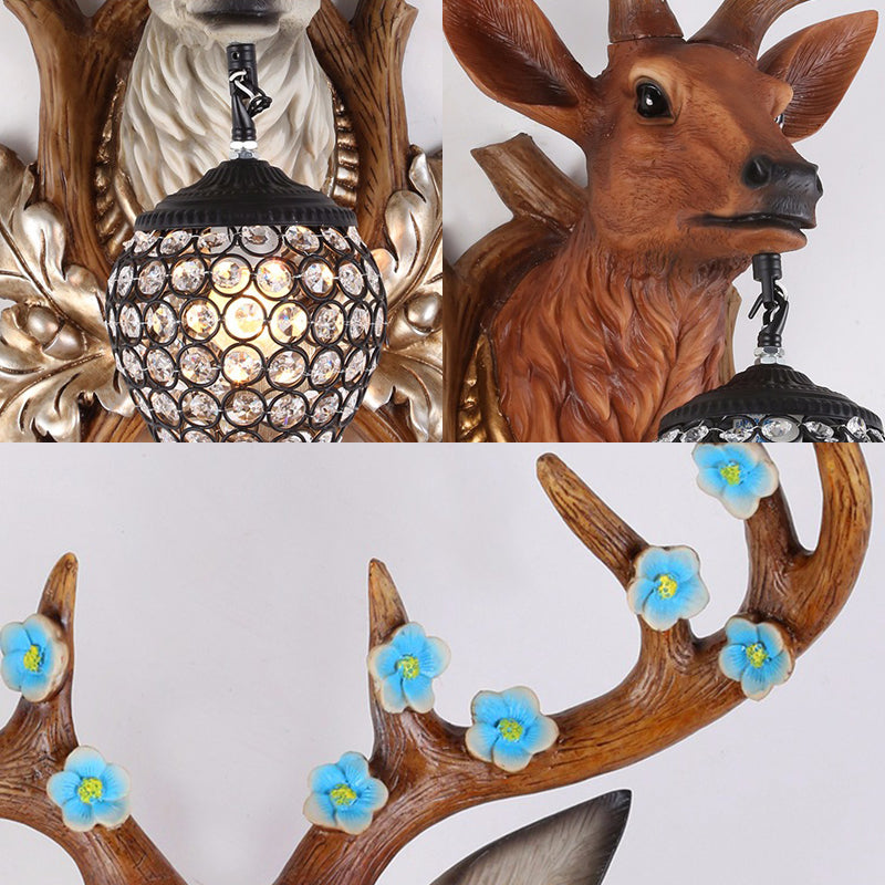 Elk Vanity Lamp - Rustic Brown/White Sconce Light for Bathroom with Crystal Teardrop Shade