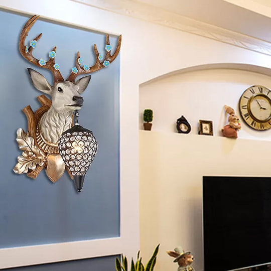 Elk Vanity Lamp - Rustic Brown/White Sconce Light for Bathroom with Crystal Teardrop Shade