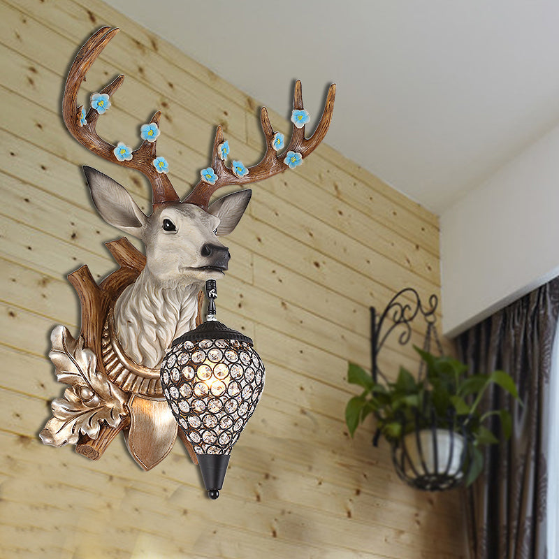 Elk Vanity Lamp - Rustic Brown/White Sconce Light for Bathroom with Crystal Teardrop Shade