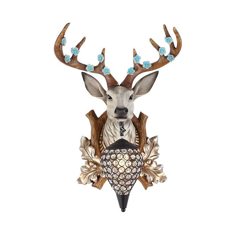 Elk Vanity Lamp - Rustic Brown/White Sconce Light for Bathroom with Crystal Teardrop Shade