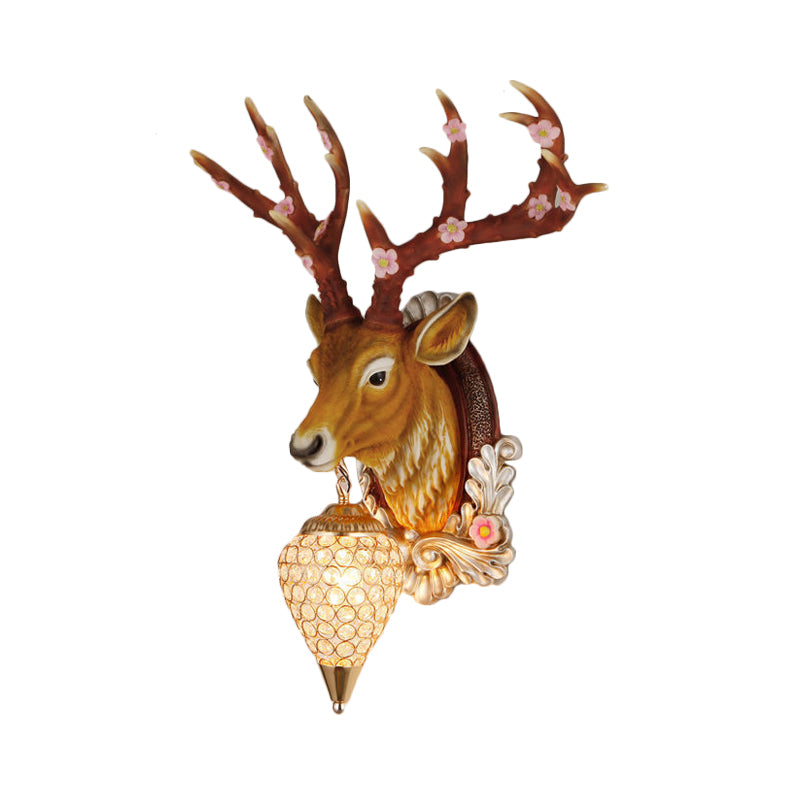 Vintage Crystal White/Brown Vanity Lamp - Teardrop Design - 12.5"/24.5" Width - 1-Light - Wall Mounted Bathroom Lighting with Deer Backplate