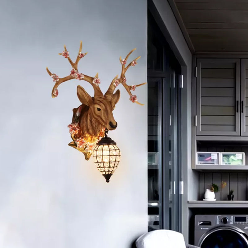 Country Style Deer Wall Sconce with Crystal Shade – White/Yellow/Brown Resin Light Fixture