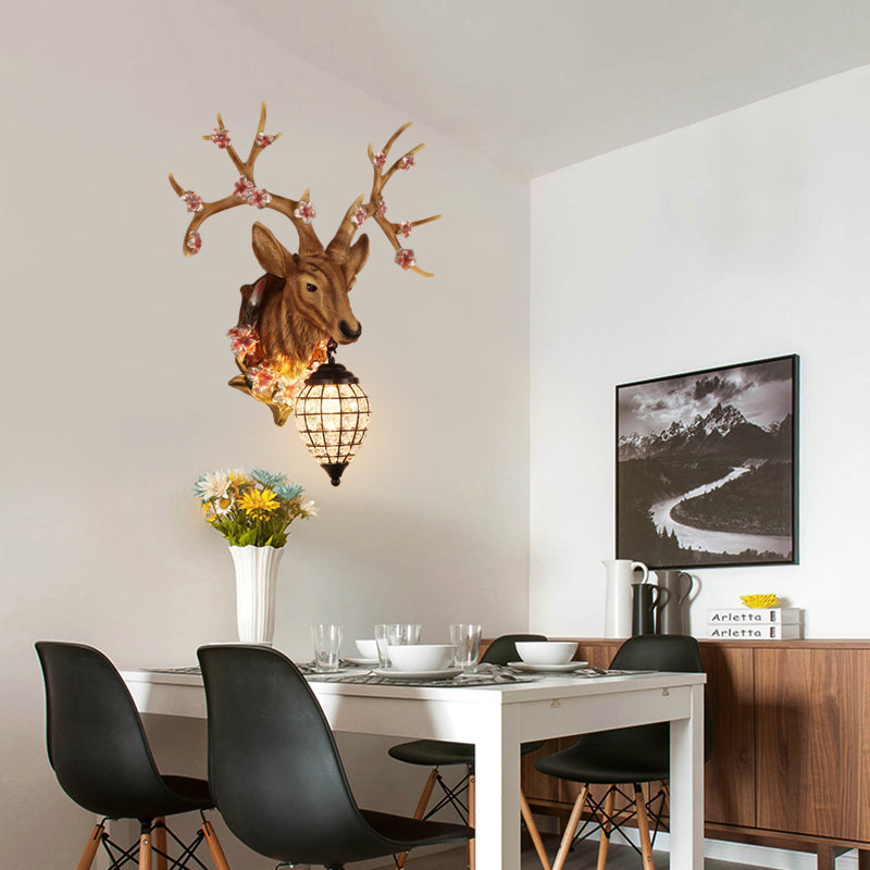 Country Style Deer Wall Sconce with Crystal Shade – White/Yellow/Brown Resin Light Fixture