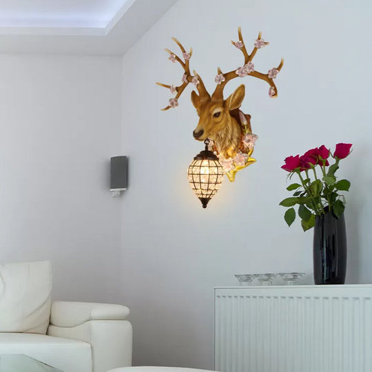 Country Style Deer Wall Sconce with Crystal Shade – White/Yellow/Brown Resin Light Fixture